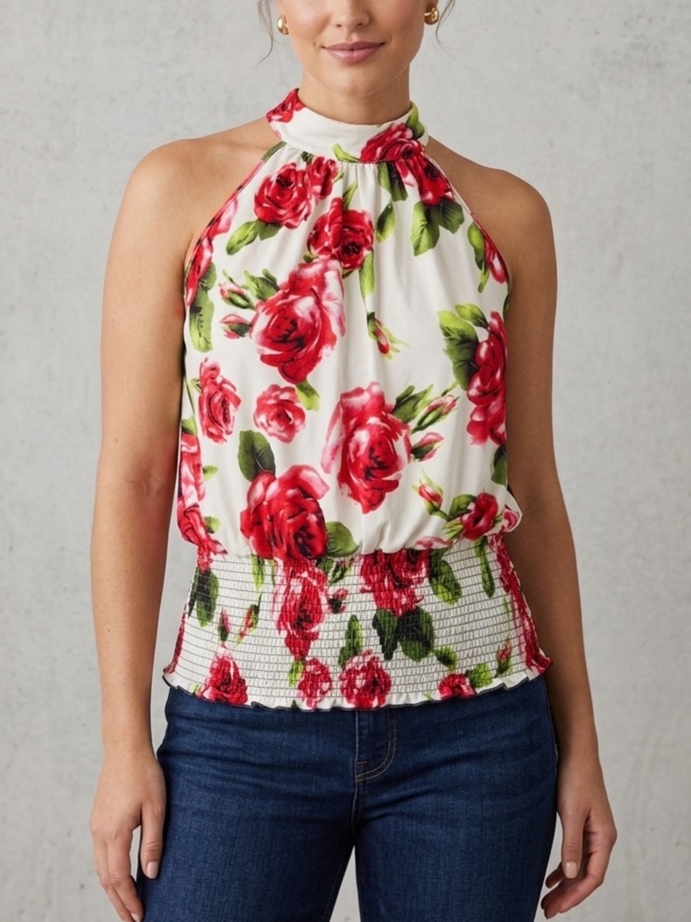 Floral Halter Neck Blouson Top Red Rose Print Smocked Waist Size Medium